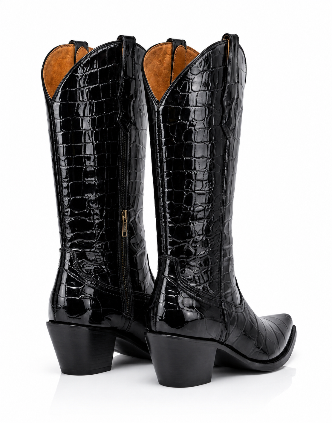 Botas “Michelle” Negras en Piel con Grabado Tipo Cocodrilo y Acabado de Alto Brillo