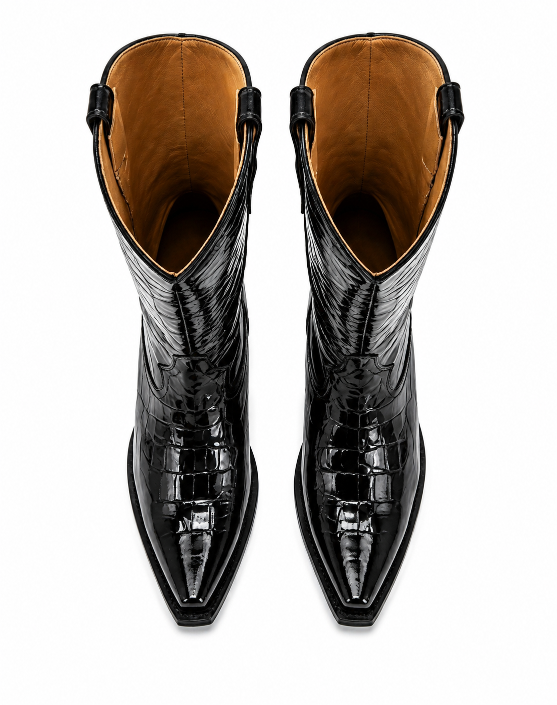 Botas “Michelle” Negras en Piel con Grabado Tipo Cocodrilo y Acabado de Alto Brillo