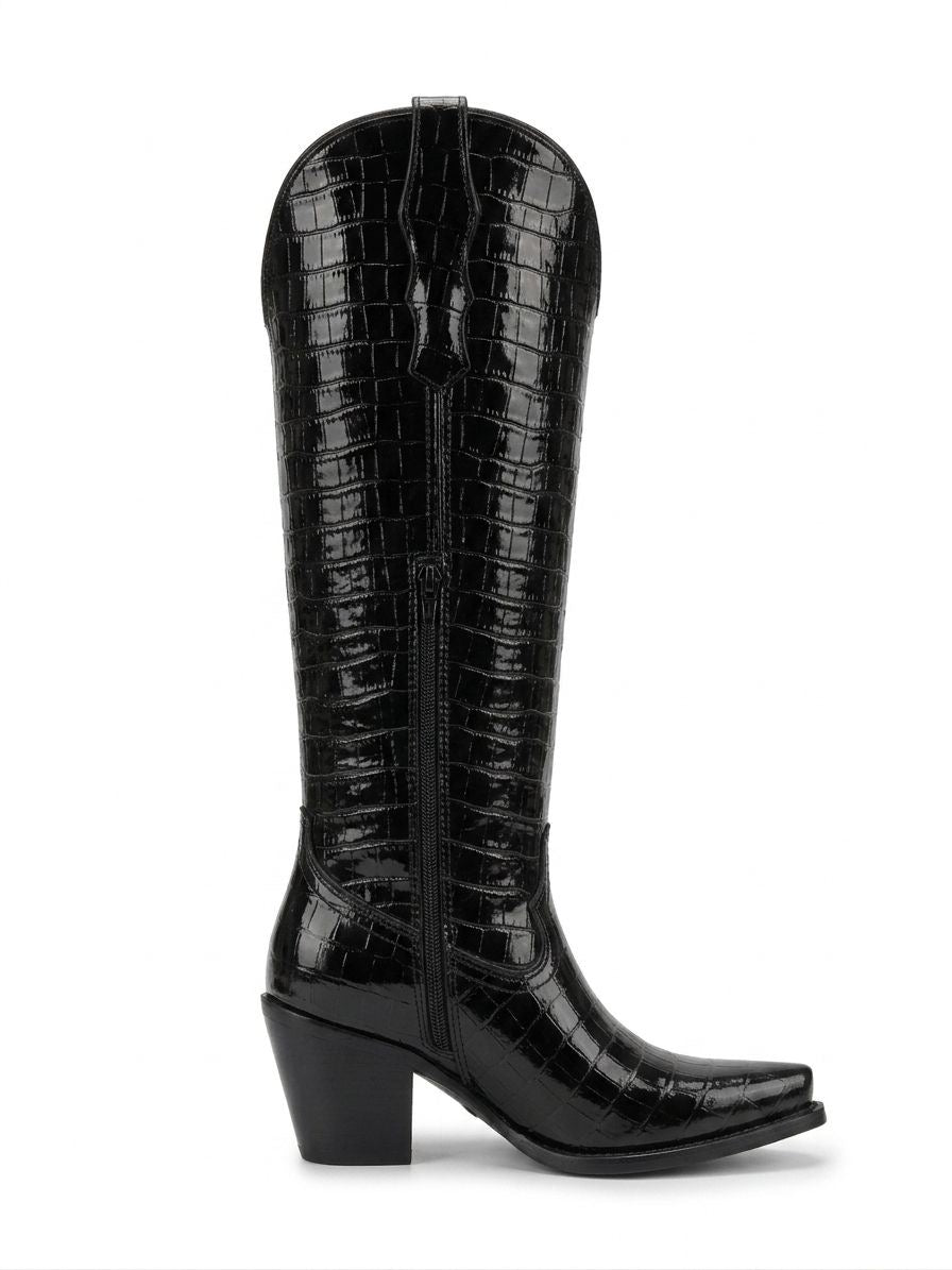 Botas “Michelle” Negras en Piel con Grabado Tipo Cocodrilo y Acabado de Alto Brillo