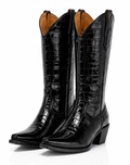 Botas “Michelle” Negras en Piel con Grabado Tipo Cocodrilo y Acabado de Alto Brillo