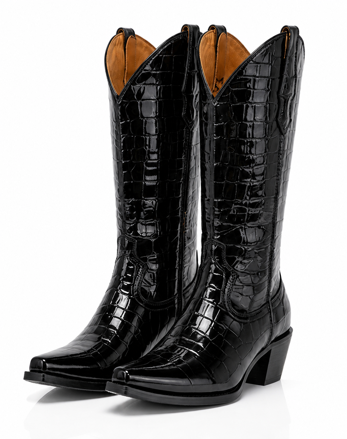 Botas “Michelle” Negras en Piel con Grabado Tipo Cocodrilo y Acabado de Alto Brillo